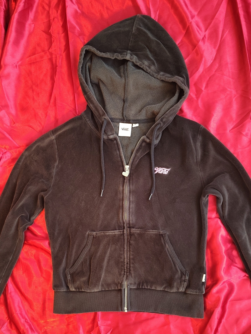 Vans Black Velour Full-Zip Hoodie with Pink Logo